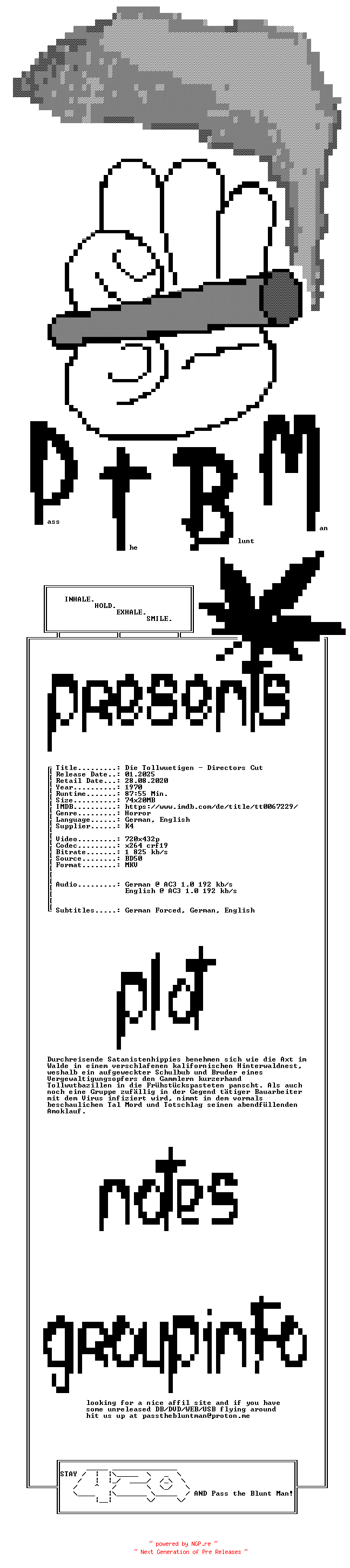 NFO for the release Die.Tollwuetigen.1970.UNCUT.DiRECTORS.CUT.GERMAN.DL.BDRiP.x264-PtBM by PtBM