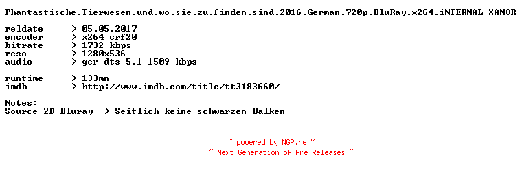 NFO for the release Phantastische.Tierwesen.und.wo.sie.zu.finden.sind.2016.German.720p.BluRay.x264.iNTERNAL-XANOR by XANOR