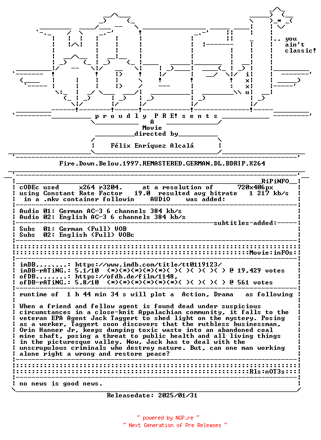 NFO for the release Fire.Down.Below.1997.REMASTERED.GERMAN.DL.BDRIP.X264-WATCHABLE by WATCHABLE