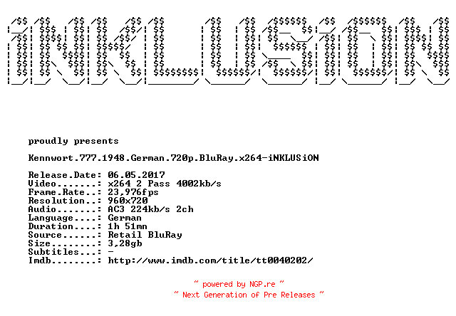 NFO for the release Kennwort.777.1948.German.720p.BluRay.x264-iNKLUSiON by iNKLUSiON