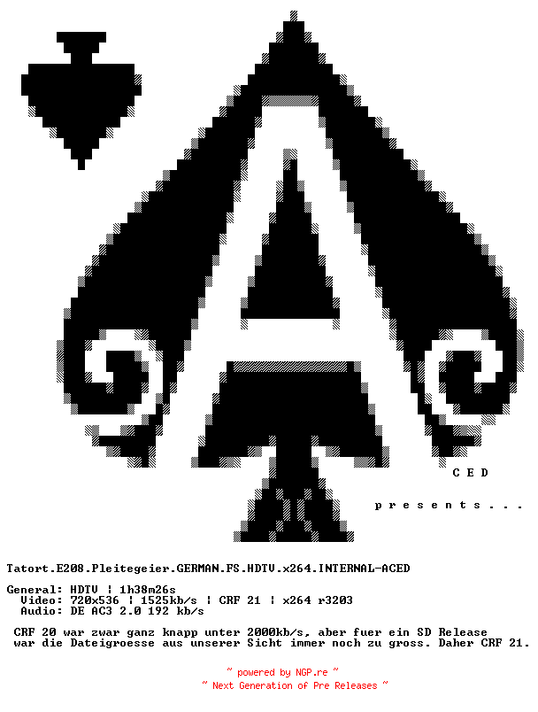 NFO for the release Tatort.E208.Pleitegeier.GERMAN.FS.HDTV.x264.INTERNAL-ACED by ACED