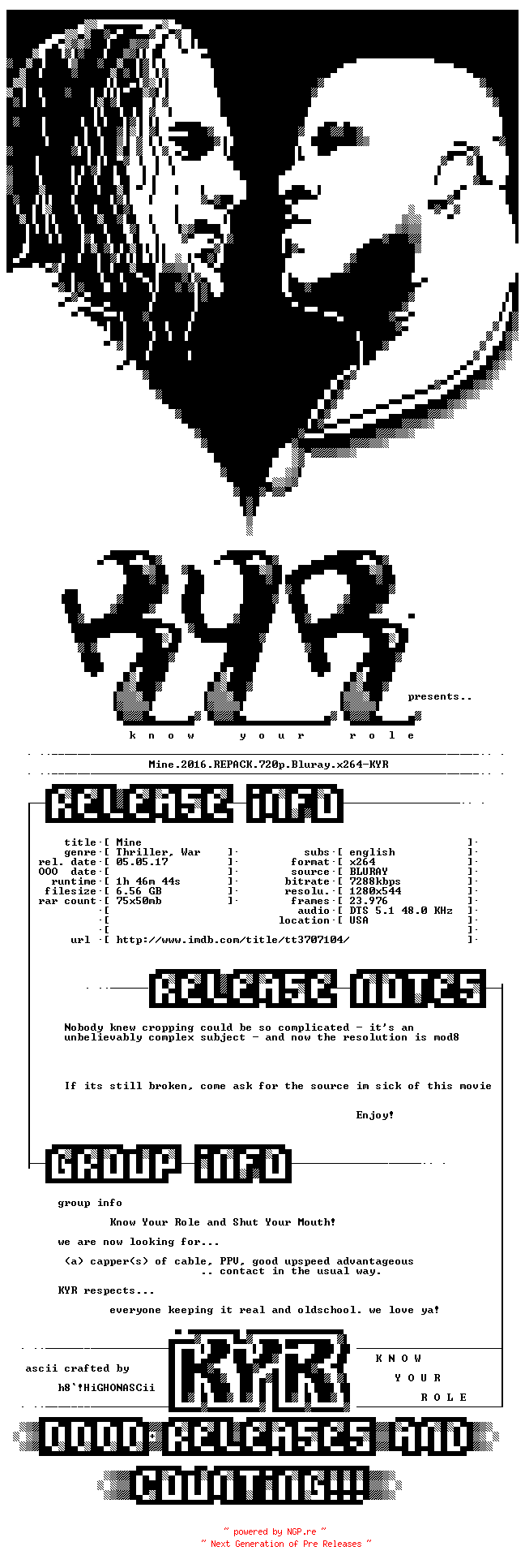 NFO for the release Mine.2016.REPACK.RERIP.720p.Bluray.x264-KYR by KYR