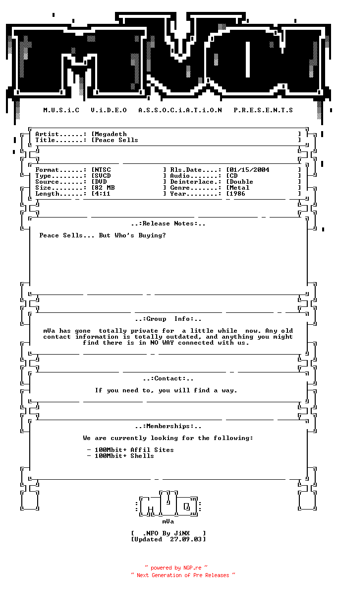 NFO for the release Megadeth-peace_sells-dvdrip-svcd-1986-mVa by mVa