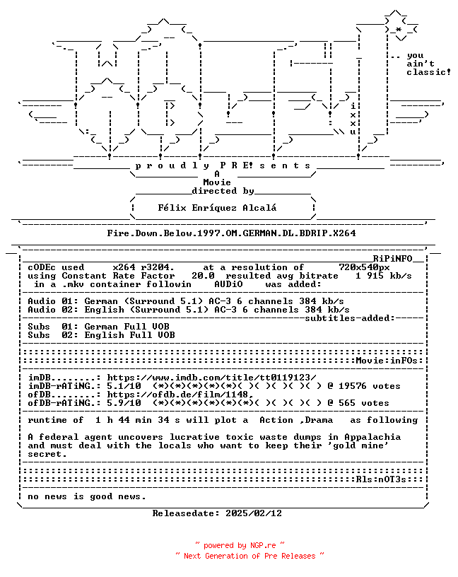 NFO for the release Fire.Down.Below.1997.OM.GERMAN.DL.BDRIP.X264-WATCHABLE by WATCHABLE