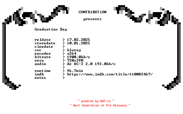 NFO for the release Graduation.Day.1981.German.BDRip.x264-CONTRiBUTiON by CONTRiBUTiON