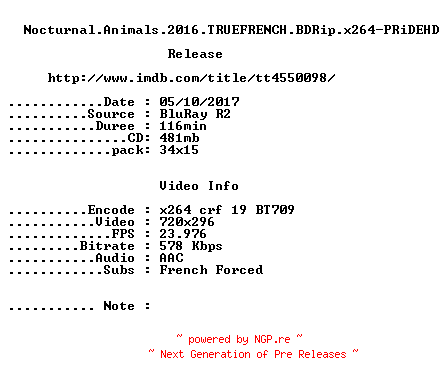 NFO for the release Nocturnal.Animals.2016.TRUEFRENCH.BDRip.x264-PRiDEHD by PRiDEHD