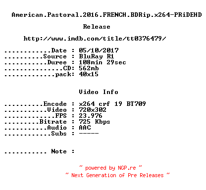 NFO for the release American.Pastoral.2016.FRENCH.BDRip.x264-PRiDEHD by PRiDEHD