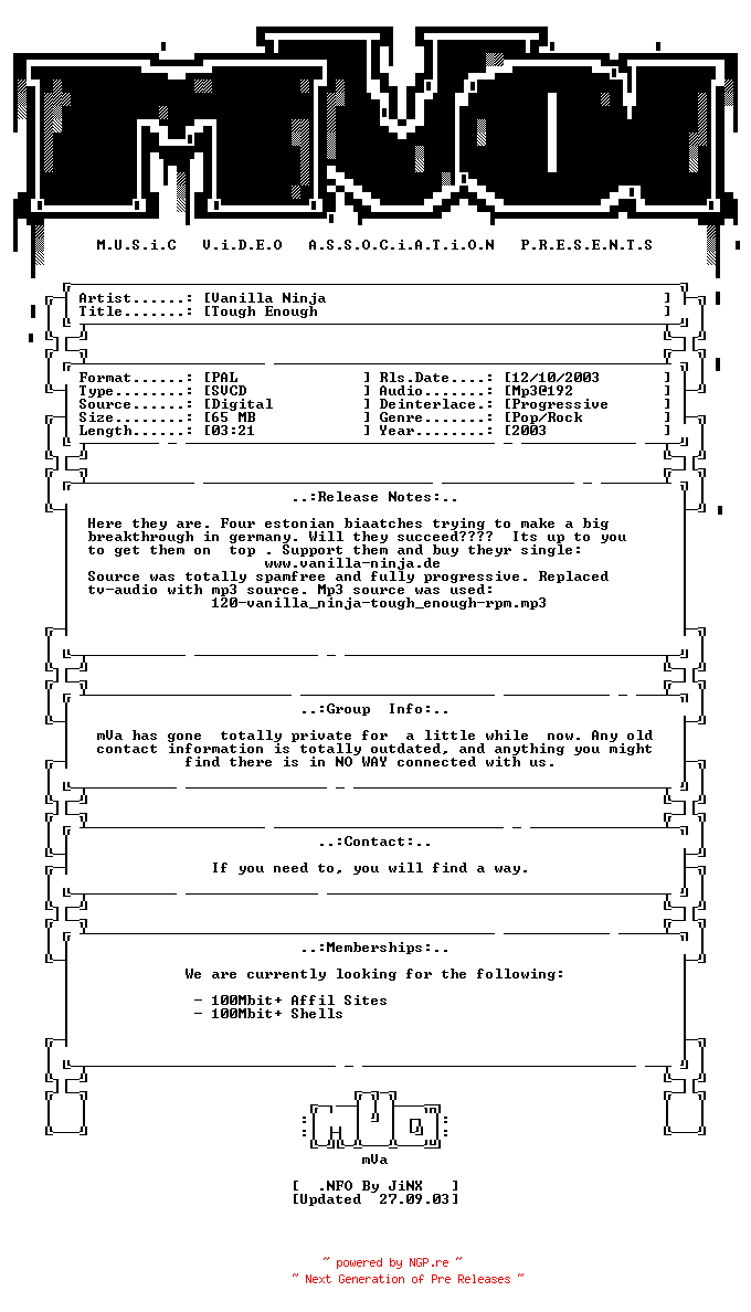 NFO for the release Vanilla_ninja-tough_enough-svcd-2003-mVa by mVa