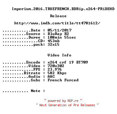 NFO for the release Imperium.2016.TRUEFRENCH.BDRip.x264-PRiDEHD by PRiDEHD