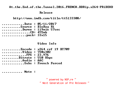 NFO for the release At.the.End.of.the.Tunnel.2016.FRENCH.BDRip.x264-PRiDEHD by PRiDEHD