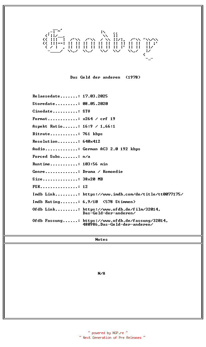 NFO for the release Das.Geld.der.anderen.GERMAN.1978.AC3.DVDRiP.x264-Goodboy by Goodboy