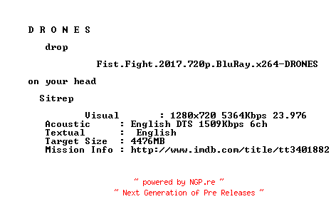 NFO for the release Fist.Fight.2017.720p.BluRay.x264-DRONES by DRONES