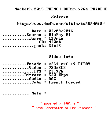NFO for the release Macbeth.2015.FRENCH.BDRip.x264-PRiDEHD by PRiDEHD