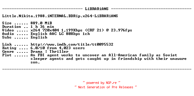 NFO for the release Little.Nikita.1988.iNTERNAL.BDRip.x264-LiBRARiANS by LiBRARiANS