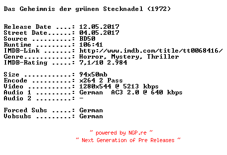 NFO for the release Das.Geheimnis.der.gruenen.Stecknadel.1972.German.720p.BluRay.x264-SPiCY by SPiCY