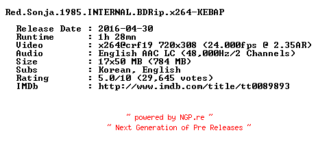NFO for the release Red.Sonja.1985.INTERNAL.BDRip.x264-KEBAP by KEBAP