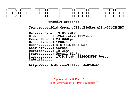 NFO for the release Transpecos.2016.German.720p.BluRay.x264-DOUCEMENT by DOUCEMENT