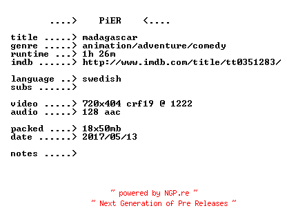NFO for the release Madagascar.2005.iNTERNAL.SWEDiSH.BDRip.x264-PiER by PiER