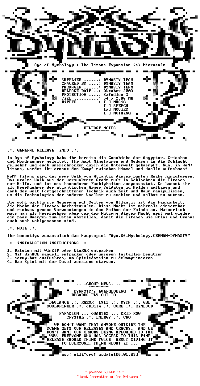 NFO for the release Age.Of.Mythology.The.Titans.Expansion.GERMAN-DYNASTY by DYNASTY