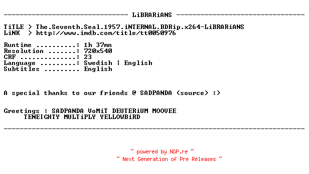 NFO for the release The.Seventh.Seal.1957.iNTERNAL.BDRip.x264-LiBRARiANS by LiBRARiANS