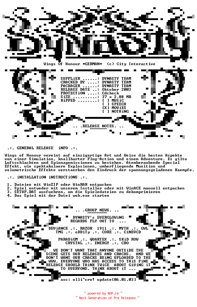 NFO for the release Wings.Of.Honour.GERMAN-DYNASTY by DYNASTY