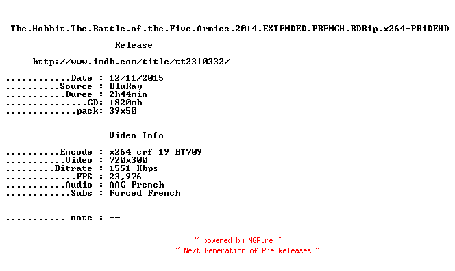 NFO for the release The.Hobbit.The.Battle.of.the.Five.Armies.2014.EXTENDED.FRENCH.BDRip.x264-PRiDEHD by PRiDEHD