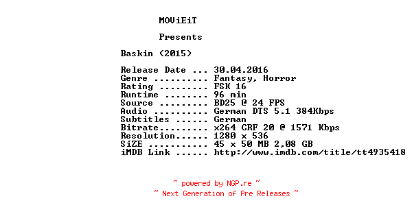 NFO for the release Baskin.2015.GERMAN.720p.BluRay.x264-MOViEiT by MOViEiT