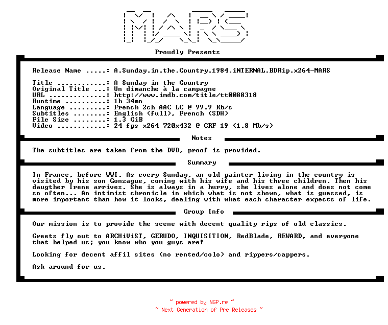 NFO for the release A.Sunday.in.the.Country.1984.iNTERNAL.BDRip.x264-MARS by MARS