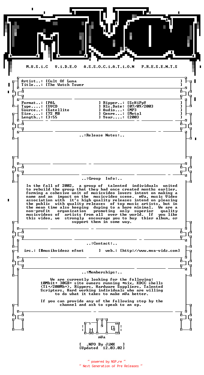NFO for the release Cult_of_luna-the_watch_tower-svcd-2003-mVa by mVa