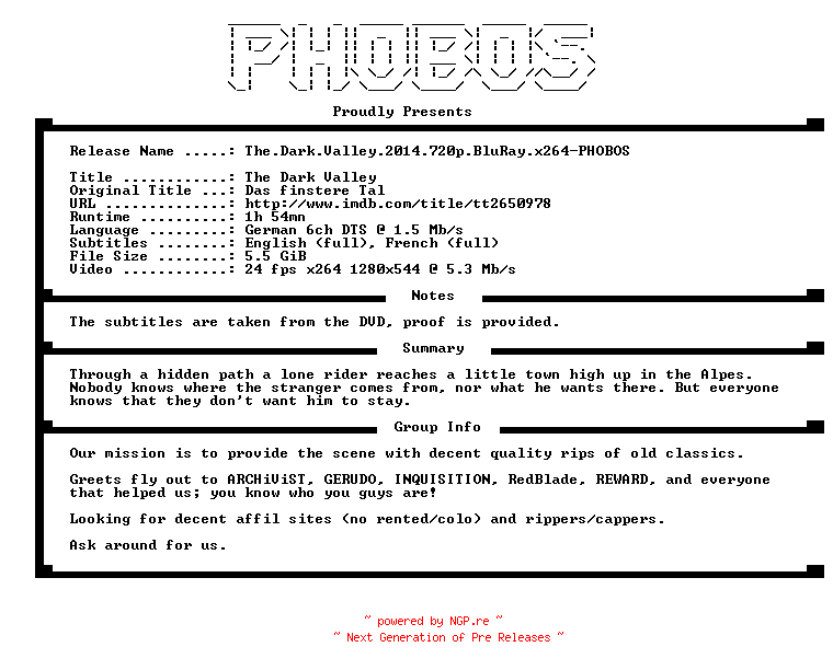 NFO for the release The.Dark.Valley.2014.720p.BluRay.x264-PHOBOS by PHOBOS