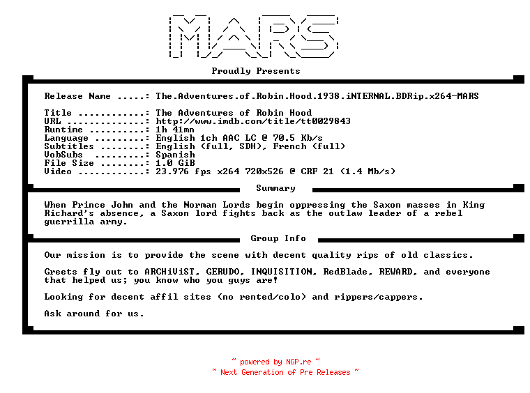 NFO for the release The.Adventures.of.Robin.Hood.1938.iNTERNAL.BDRip.x264-MARS by MARS