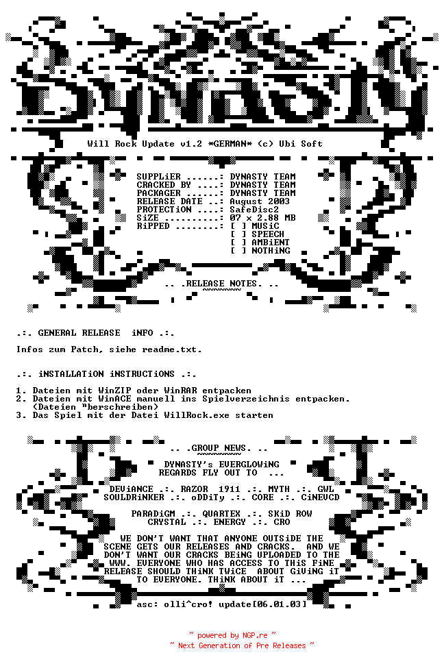 NFO for the release Will.Rock.Update.v1.2.GERMAN-DYNASTY by DYNASTY