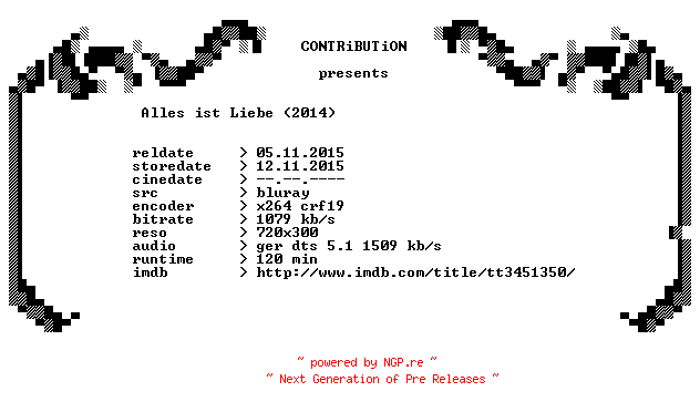 NFO for the release Alles.ist.Liebe.2014.German.BDRip.x264-CONTRiBUTiON by CONTRiBUTiON