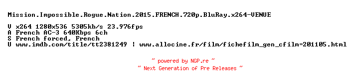 NFO for the release Mission.Impossible.Rogue.Nation.2015.FRENCH.720p.BluRay.x264-VENUE by VENUE