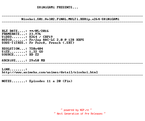 NFO for the release Nisekoi.S01.Vol02.FiNAL.MULTi.BDRip.x264-SHiNiGAMi by SHiNiGAMi