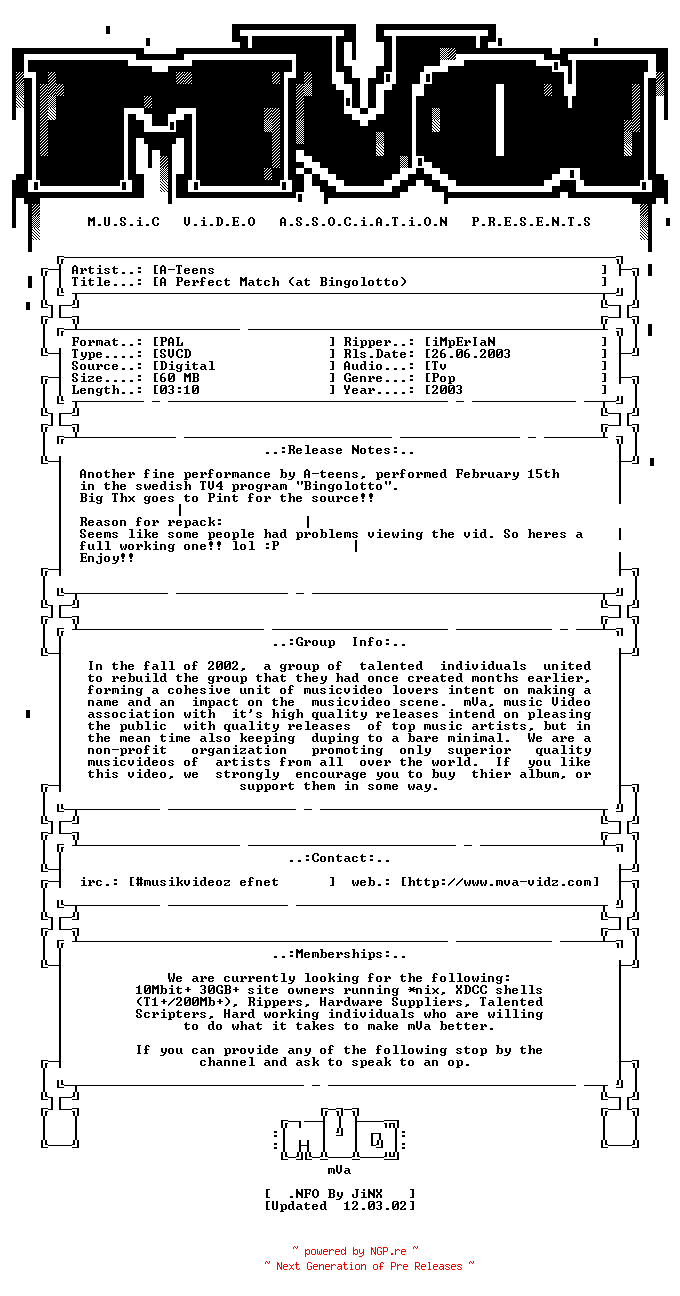 NFO for the release A_teens-a_perfect_match_(at_bingolotto)-repack-svcd-2003-mVa by mVa