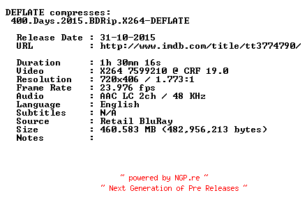 NFO for the release 400.Days.2015.BDRip.X264-DEFLATE by DEFLATE