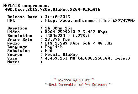 NFO for the release 400.Days.2015.720p.BluRay.X264-DEFLATE by DEFLATE
