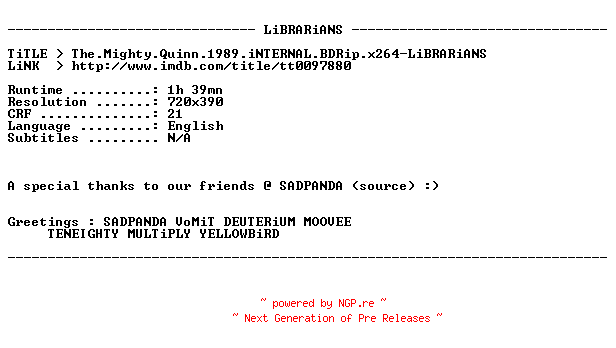 NFO for the release The.Mighty.Quinn.1989.iNTERNAL.BDRip.x264-LiBRARiANS by LiBRARiANS
