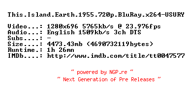 NFO for the release This.Island.Earth.1955.720p.BluRay.x264-USURY by USURY