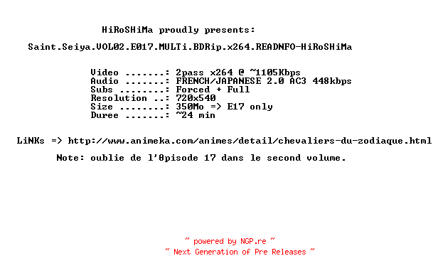 NFO for the release Saint.Seiya.VOL02-E017-MULTi.BDRip.x264.READNFO-HiRoSHiMa by HiRoSHiMa