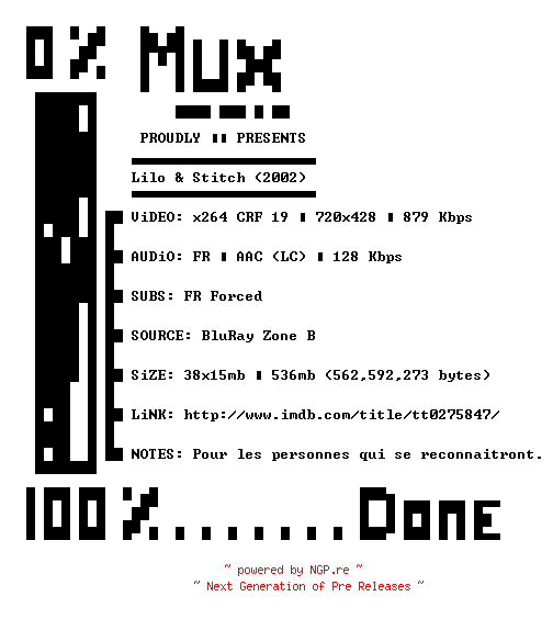 NFO for the release Lilo.And.Stitch.2002.iNTERNAL.FRENCH.BDRip.x264-MUx by MUx