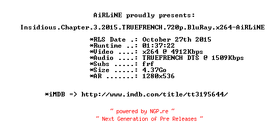 NFO for the release Insidious.Chapter.3.2015.TRUEFRENCH.720p.BluRay.x264-AiRLiNE by AiRLiNE