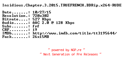 NFO for the release Insidious.Chapter.3.2015.TRUEFRENCH.BDRip.x264-RUDE by RUDE
