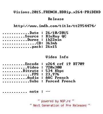 NFO for the release Visions.2015.FRENCH.BDRip.x264-PRiDEHD by PRiDEHD
