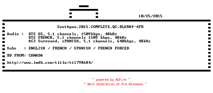 NFO for the release Southpaw.2015.COMPLETE.QC.BLURAY-4FR by 4FR