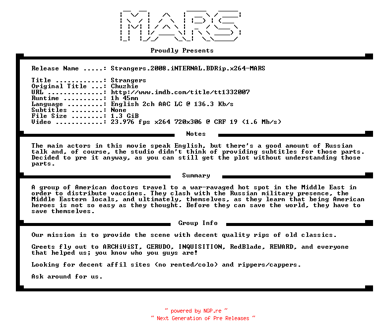 NFO for the release Strangers.2008.iNTERNAL.BDRip.x264-MARS by MARS