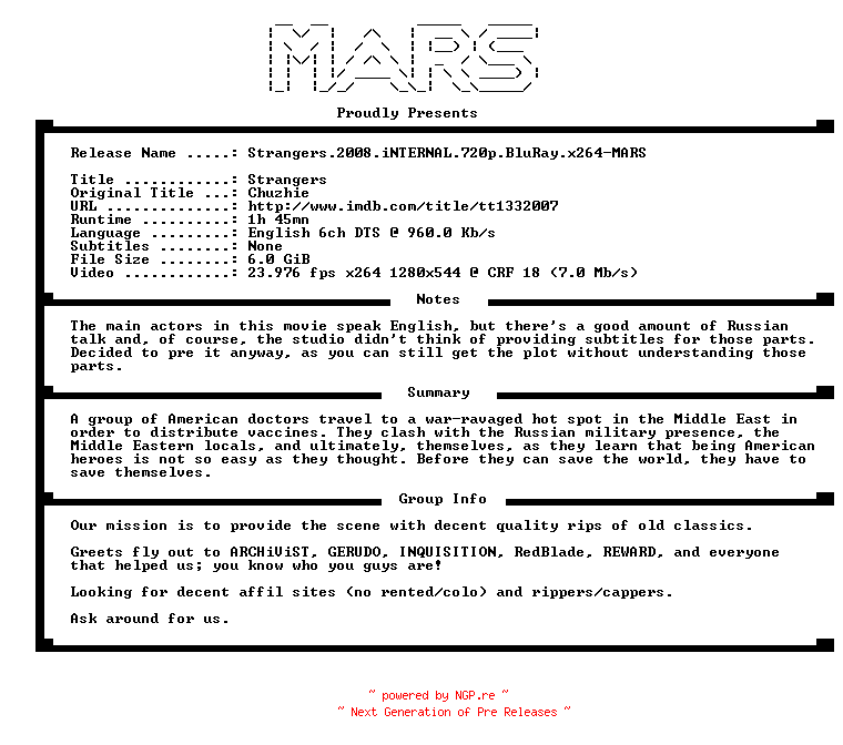 NFO for the release Strangers.2008.iNTERNAL.720p.BluRay.x264-MARS by MARS