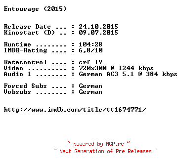 NFO for the release Entourage.German.2015.AC3.BDRiP.x264-EXQUiSiTE by EXQUiSiTE