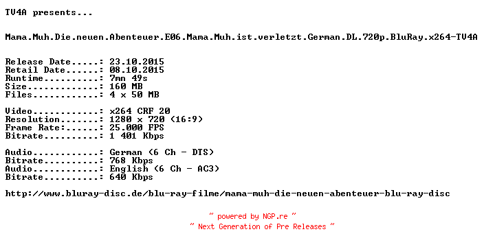NFO for the release Mama.Muh.Die.neuen.Abenteuer.E06.Mama.Muh.ist.verletzt.German.DL.720p.BluRay.x264-TV4A by TV4A